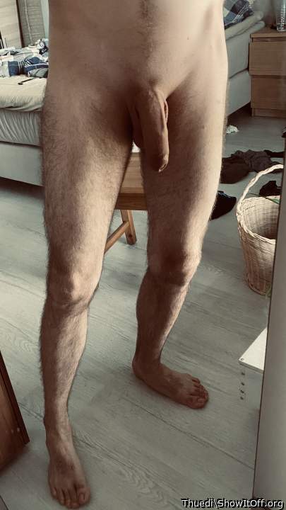 Sexy legs, cock, and bare feet!  