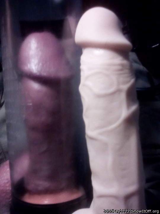 Comparing my new dildo to my pumped cock