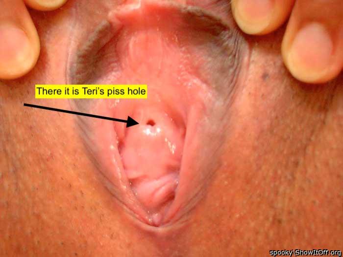 Teri's Piss Hole in her Bald Pink Cunt