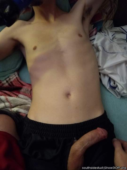 Young twink boyfriend showing off shaved cock
