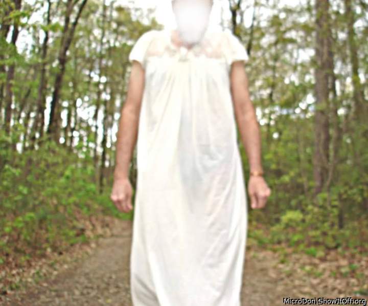 Previous girlfriend walking me in woods wearing gown
