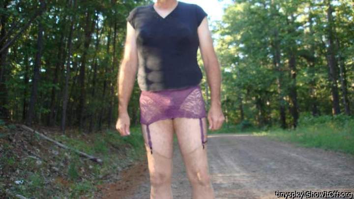 Sissy walk of shame on country road