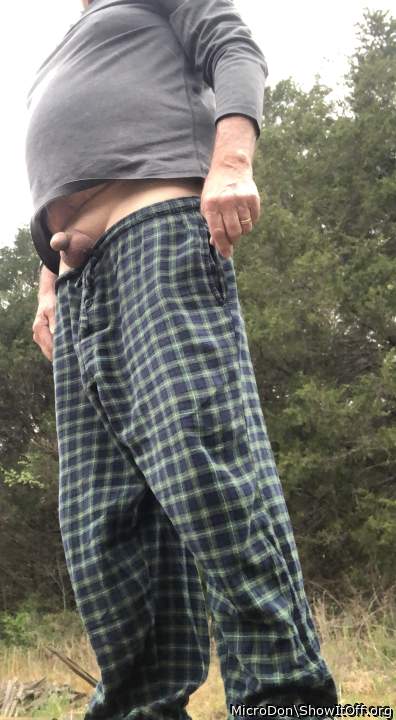 Outdoors wearing PJ's showing micro penis