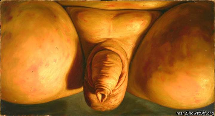 Spreading legs, he shows uncut cock, meaty foreskin and balls Art