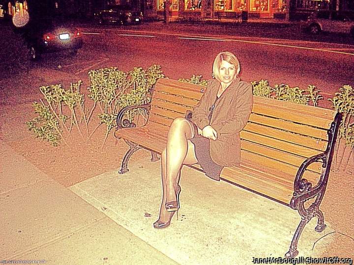 Janet McDougall in black stockings in public