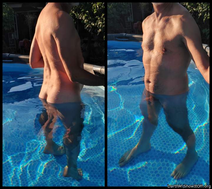 Nude in the pool with morning sunlight