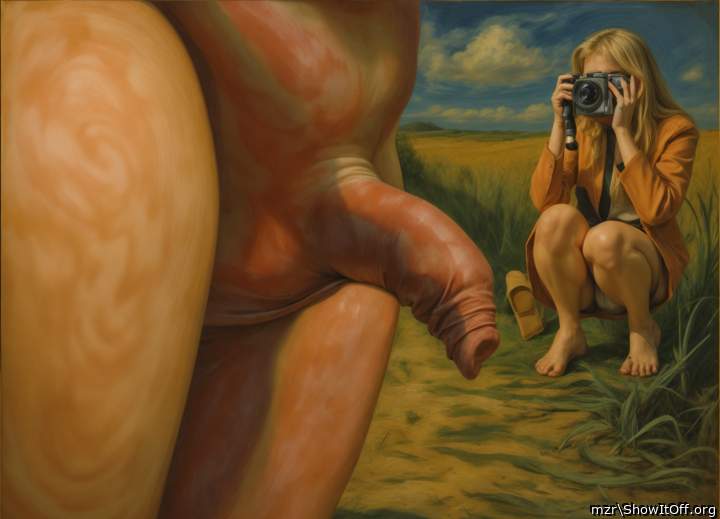 A girl squatting takes pictures of a cock with uncut long foreskin. Art Style