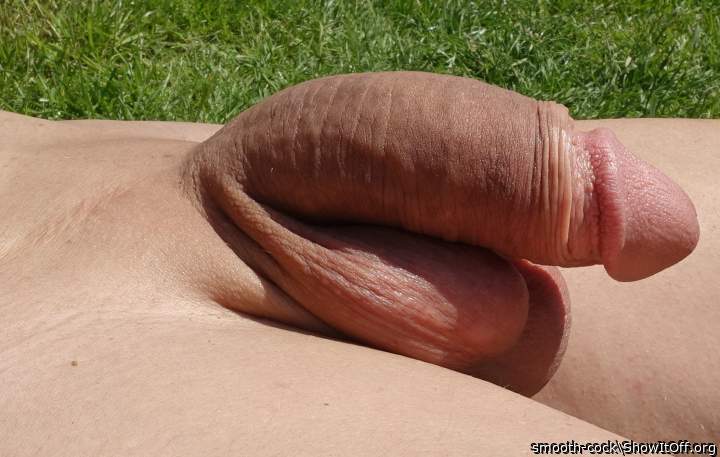 My smooth and semi-erect cock outdoors with the glans exposed