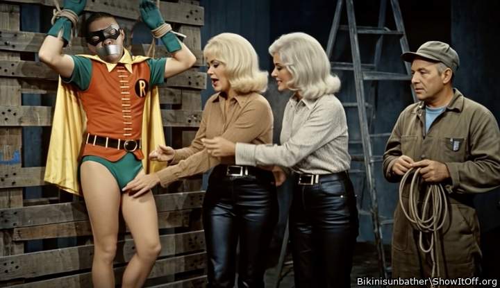 Robin tied up on crates