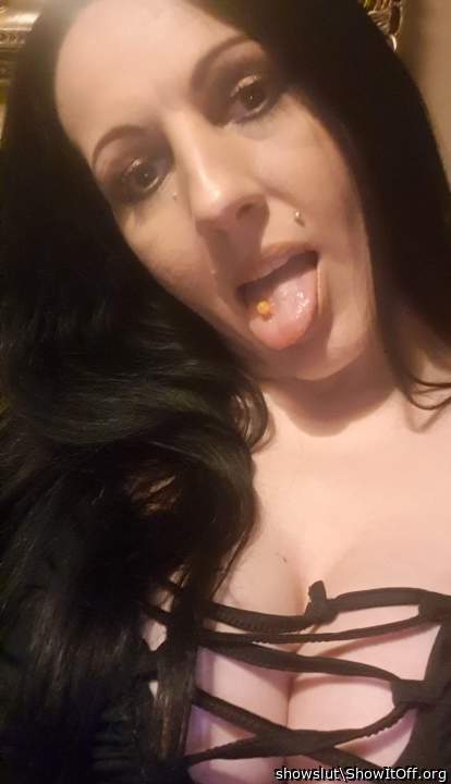 Slut has mouth open for cock.