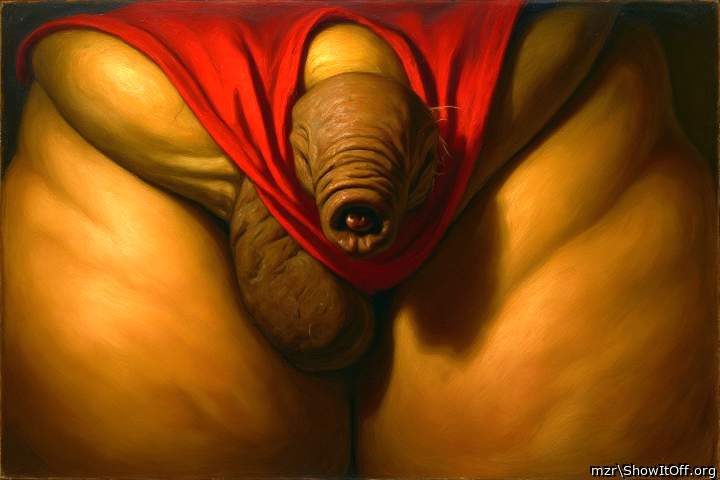 Uncut cock in red underpants, foreskin sticking out of the hole Art Style