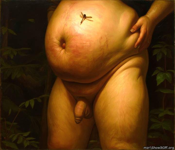 Nice big belly and thick uncircumcised cock... foreskin and dragonfly are beauti