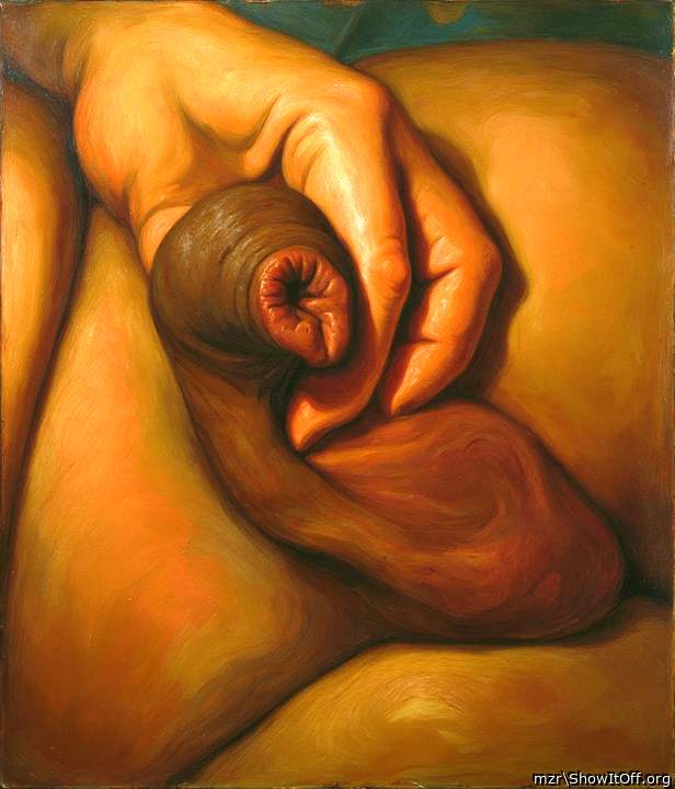 The overhang tip of the uncut long nice foreskin intact dick close up Art