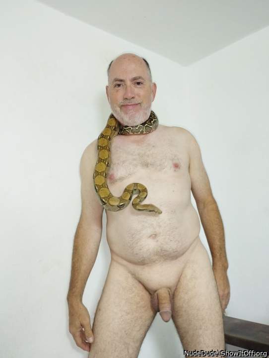Posing with pet boa constrictor.