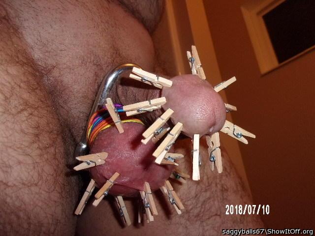 Cbt clothespins on cock & balls - [7-15-18-2999]