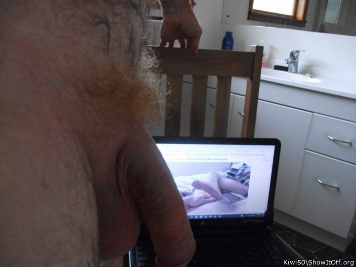Cock looking at cock on screen.